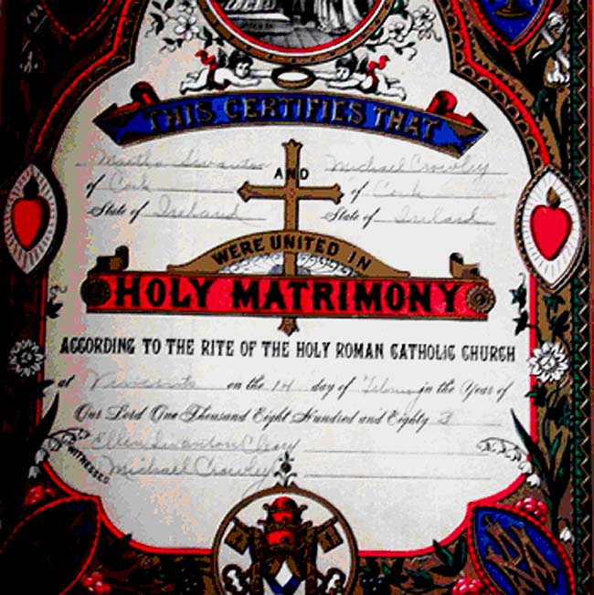 Marriage Entry for Martha Swanton and Michael Crowley in the Family Bible